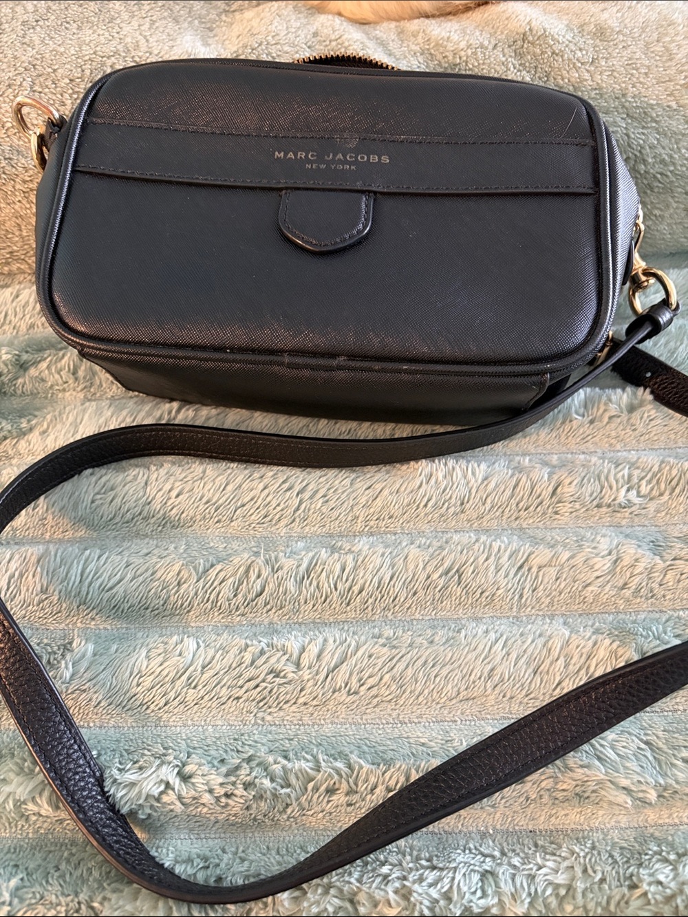 Marc Jacobs Black Leather Crossbody Camera Bag with Gold Hardware